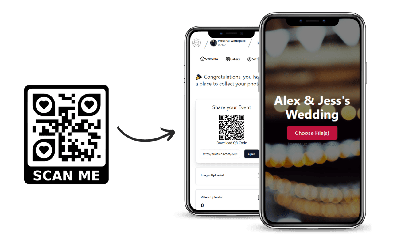 Wedding Photo Sharing App Demo - QR Code Wedding Photo Gallery Interface showing mobile upload process and real-time photo sharing